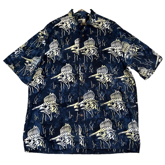 Fishtech Shirt Mens XLT Navy Fish Print Hawaiian Batik Cotton Beach Coastal Dad - Picture 1 of 12